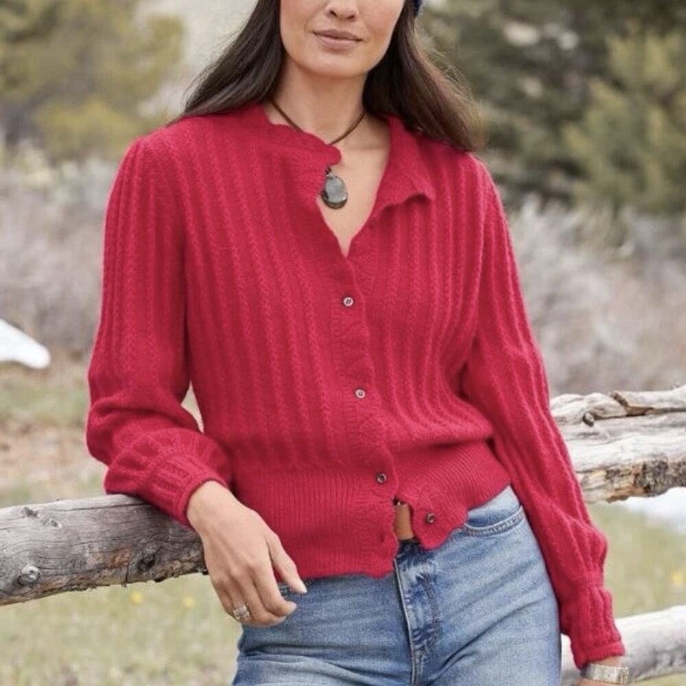 Sundance Alpine Kiss Cable Knit Cardigan Puff Sleeve Wool Blend Red Large